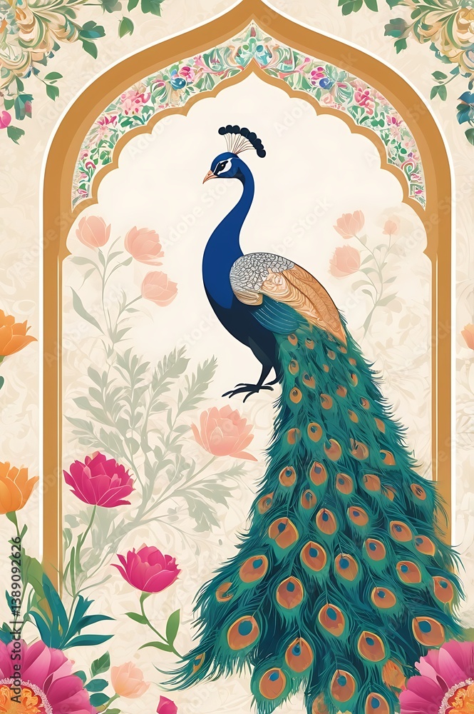 Naklejka premium Traditional pattern and Mughal arch with peacock illustration frame