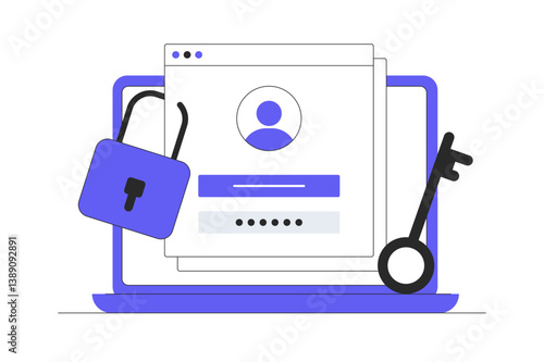Online authentication, strong password for cyber security, high protection and safety for login account, secure data privacy. Flat Cartoon Vector Illustration, icon. Stylish abstract design 