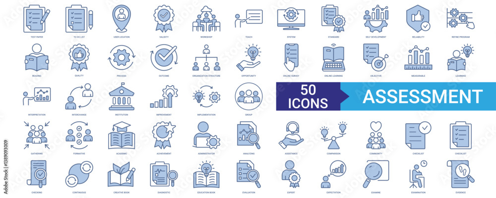 Assessment icon collection set with test paper, to do list, user location, validity, workshop Assessment icon collection set with test paper, to do list, user location, validity, workshop