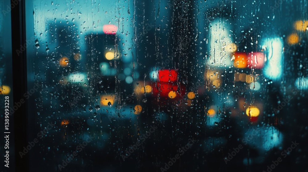 Obraz premium Rainy Night Cityscape: A View Through a Rain-Streaked Window