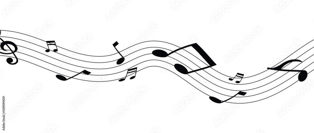 Vector musical melody with floating notes on staff lines. Elegant music score illustration for banners, posters, greeting cards, backgrounds, and creative projects in eps 10. Vector musical melody with floating notes on staff lines. Elegant music score illustration for banners, posters, greeting cards, backgrounds, and creative projects in eps 10.