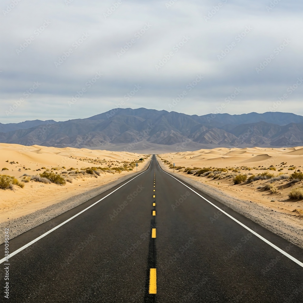 Clean, empty road stretching through a dramatic desert landscape Clean, empty road stretching through a dramatic desert landscape