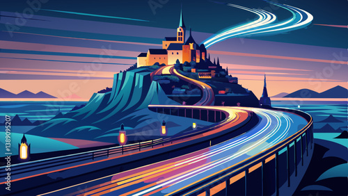 France, Normandy, Vehicle light trails stretching along bridge connecting Mont-Saint-Michel island at dusk