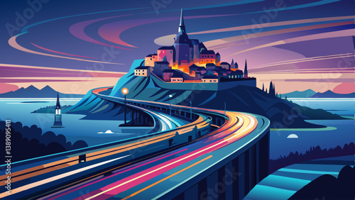 France, Normandy, Vehicle light trails stretching along bridge connecting Mont-Saint-Michel island at dusk