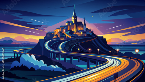 France, Normandy, Vehicle light trails stretching along bridge connecting Mont-Saint-Michel island at dusk