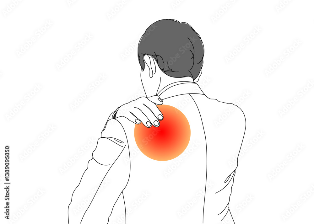 肩こりで痛そうに肩を押さえるビジネスマン男性のイラスト 上半身後ろ姿