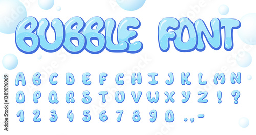 Bubble font alphabet with numbers and symbols, including floating soap bubbles