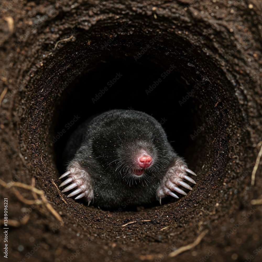 Close-up portrait of a mole in a hole in the underground