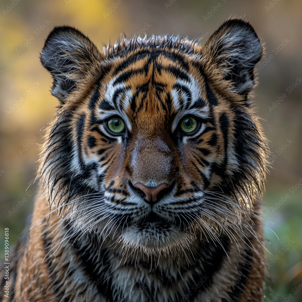 Fototapeta premium Close-up portrait of a majestic tiger with vivid green eyes and wet fur in a natural setting