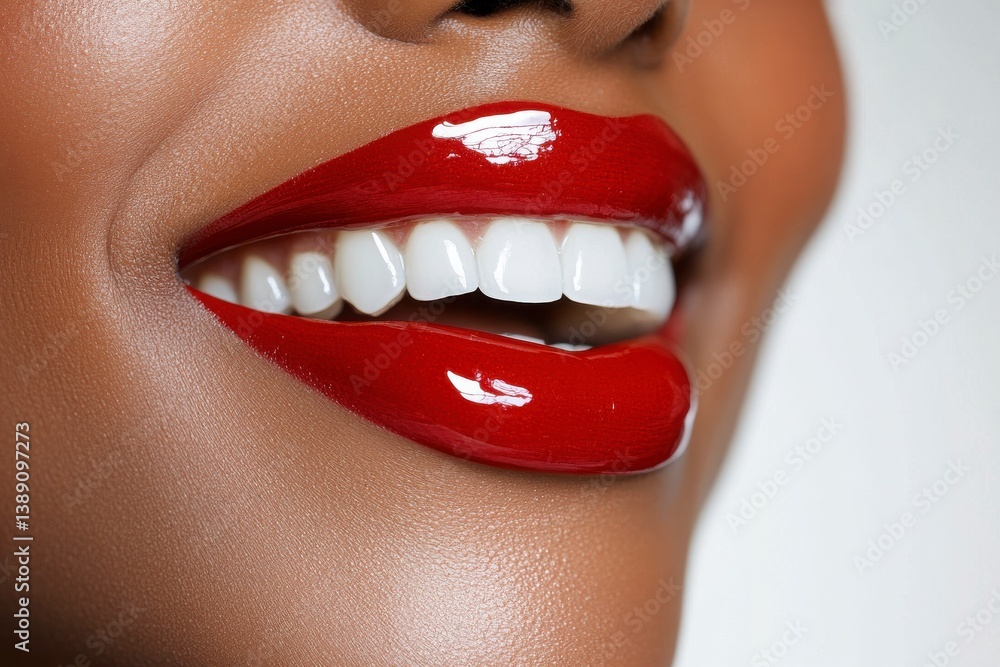 Obraz premium A woman with a red lip is smiling. Concept of happiness and confidence