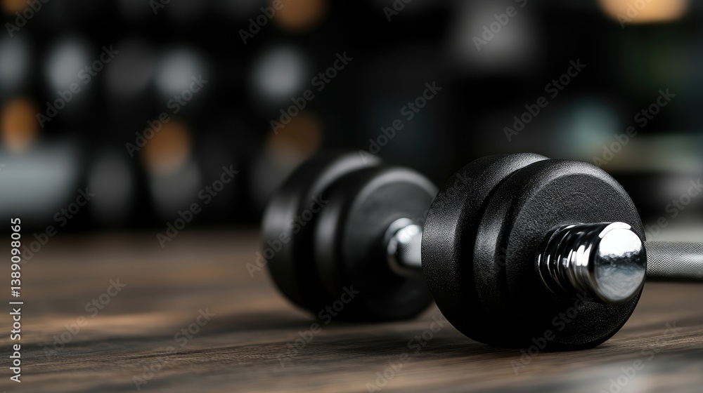 Black dumbbell on wooden gym floor Black dumbbell on wooden gym floor