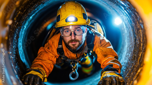 Fototapeta Naklejka Na Ścianę i Meble -  worker in confined space wearing safety gear, crawling through pipe, showcasing determination and focus
