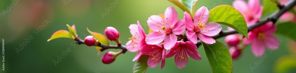 Beautiful cherry flowers blooming on branch with vibrant green leaves, springtime, plant Beautiful cherry flowers blooming on branch with vibrant green leaves, springtime, plant