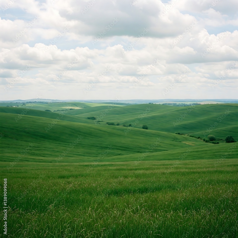 Panoramic rolling green hills, soft cloudy sky Panoramic rolling green hills, soft cloudy sky