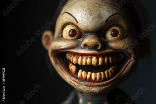 A doll with human like teeth grinning from the darkness