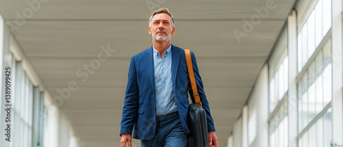 Handsome mature businessman walking in airport terminal for business travel