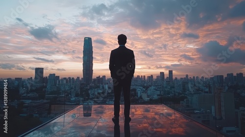 CEO standing confidently in a glasswalled office overlooking the city close up, focus on leadership, realistic, overlay, urban skyline backdrop
