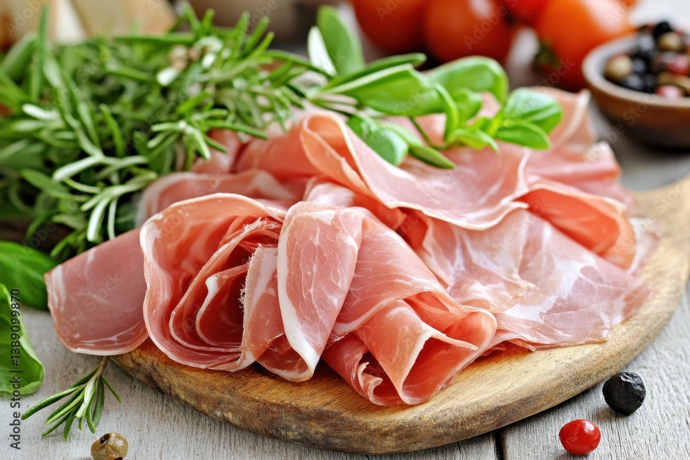 Delicious Prosciutto Displayed on Wooden Board with Fresh Rosemary and Basil for Culinary Delight Delicious Prosciutto Displayed on Wooden Board with Fresh Rosemary and Basil for Culinary Delight