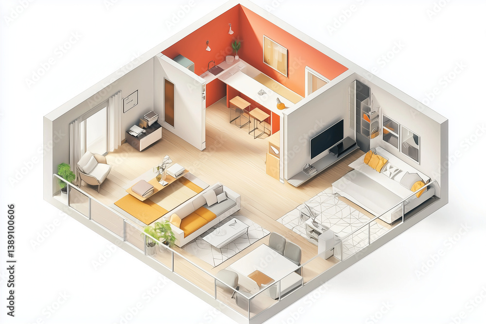 Modern isometric interior design of a cozy apartment with open living space and stylish furniture Modern isometric interior design of a cozy apartment with open living space and stylish furniture