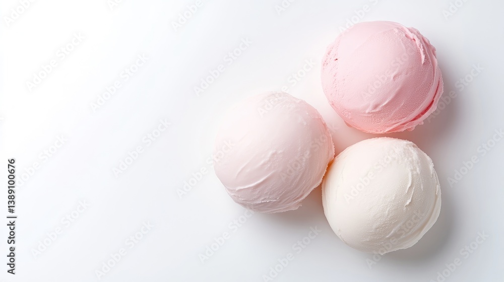 Three scoops of pastel-colored ice cream arranged in a triangular composition on a clean white background, showcasing soft pink and cream hues, and minimalist aesthetic. Three scoops of pastel-colored ice cream arranged in a triangular composition on a clean white background, showcasing soft pink and cream hues, and minimalist aesthetic.