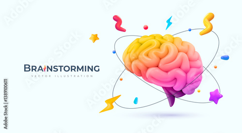 Creative Brainstorming Concept with Colorful 3D Brain, Lightning, and Abstract Elements on Light Background. Innovation and Idea Symbol. Vector Illustration.