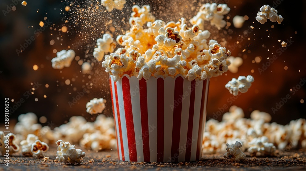 Popcorn overflowing from striped container with bokeh and warm tones Popcorn overflowing from striped container with bokeh and warm tones