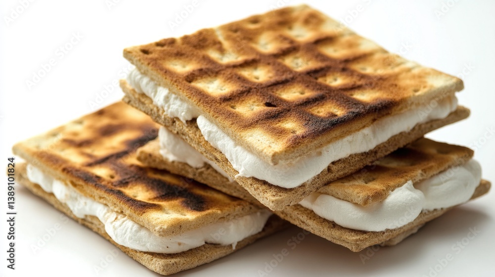 Stack of Delicious Smores with Marshmallow Filling on White Background Sweet Treat Dessert Food Photography Close Up Macro Shot Stack of Delicious Smores with Marshmallow Filling on White Background Sweet Treat Dessert Food Photography Close Up Macro Shot