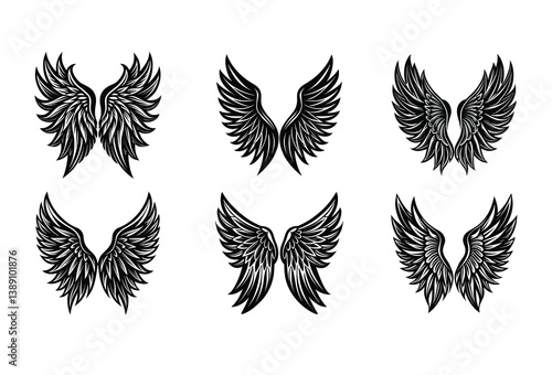 Powerful Black Angel Wings Vector Design – Includes fantasy-inspired feathered wing vectors for spiritual, tattoo, or apparel design use.