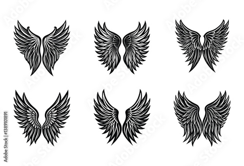 Dark Beauty Black Wings Vector Set – Hand-drawn wing clipart ideal for fantasy art, gothic branding, spiritual content, and tattoos.
