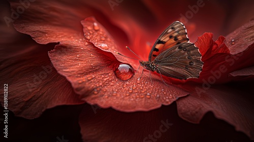 Beautiful Butterfly on a Red Flower Petal with Water Droplet Close-Up