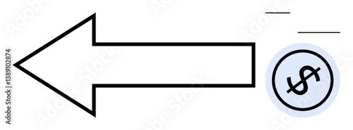 Large leftward arrow paired with dollar sign coin outlining the concept of refund, return, or financial reversal. Ideal for finance, refunds, savings, investment, accounting, transactions budgeting