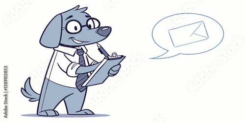 Cartoon Dog with Glasses Tie Clipboard Thinking Email Business Vector Illustration Style