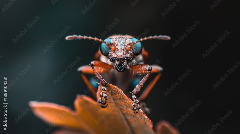 Close-Up of Intricate Insect with Vibrant Eyes on Leaf Surface Close-Up of Intricate Insect with Vibrant Eyes on Leaf Surface
