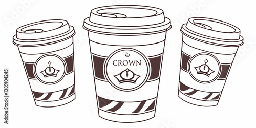 Three Coffee Cups with Crown Logo Black and White Line Art Design for Cafe Shop Beverage Drink Illustration