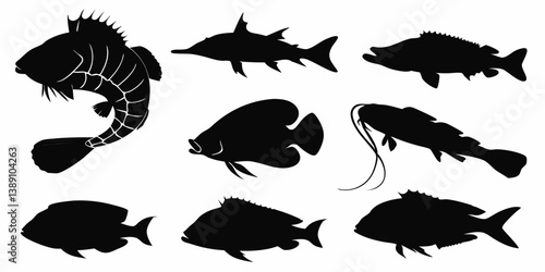Black and White Vector Fish Silhouettes Collection of Different Fish Species for Design and Illustration