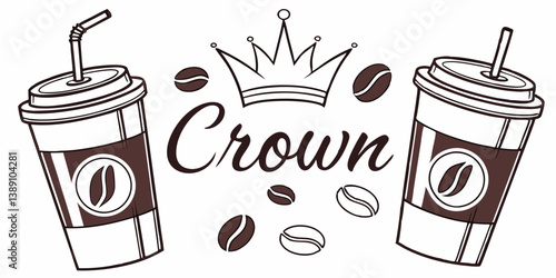 Crown Coffee Shop Vector Logo: Coffee Cups, Coffee Beans, Crown, Straws, Drink, Beverage Black and White Line Art Graphic Design Icon Artwork
