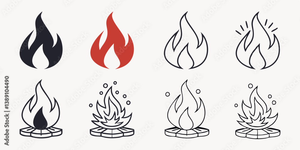 Fire Flame Icon Vector Illustration Set - Campfire Bonfire Icons in Different Styles - Black Red Outline Fire Icons with Wood Logs and Sparks - Fire Images Collection Fire Flame Icon Vector Illustration Set - Campfire Bonfire Icons in Different Styles - Black Red Outline Fire Icons with Wood Logs and Sparks - Fire Images Collection