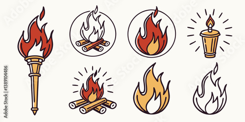 Cartoon Fire Flames Vector Illustrations Torch Campfire Candle Bonfire - Doodle Style Outline Drawings of Burning Fire and Light - Vector Art