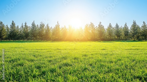Sun shines over verdant field, trees line horizon against bright sky