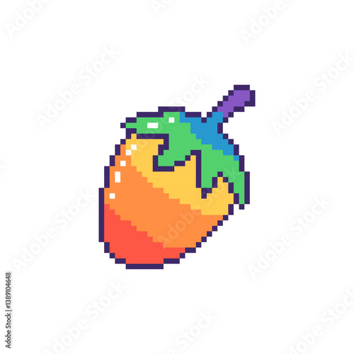 Vibrant pixel strawberry in rainbow colors. Hand drawn vector illustration.