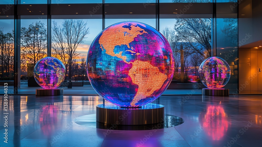 A glass globe glowing with radiant hues, showcasing the Americas, symbolizing global connectivity, innovation, and the illumination of knowledge in a futuristic digital world