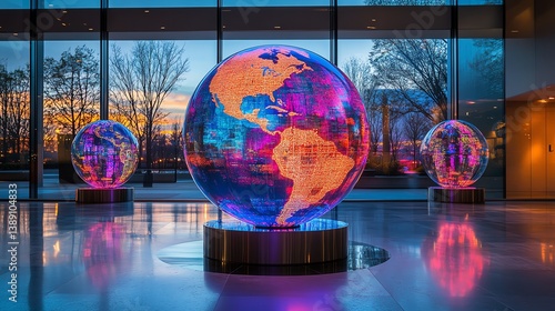 A glass globe glowing with radiant hues, showcasing the Americas, symbolizing global connectivity, innovation, and the illumination of knowledge in a futuristic digital world