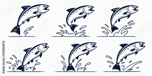 Jumping Salmon Trout Fish Vector Illustrations - Black and White Line Art Graphics - Water Splashes Design for Logo and Icons