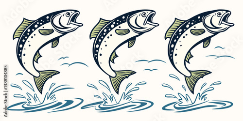 Cartoon of Three Jumping Salmon Trout Fish with Splashing Water
