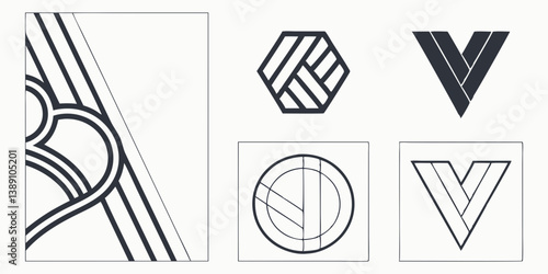 Minimalist Geometric Logo Designs Vector Set Abstract Graphic Shapes Lines Outlines V Letter Hexagon Circle Square Modern Brand Identity Design Elements