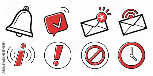 Cartoon Web UI Notification Icons Vector Graphic Design Set Notification Bell Read Message Urgent Email Incoming Email Info Alert Warning Prohibited Sign Clock in Red and Black Color Theme