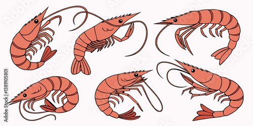 Cartoon Shrimp Illustrations - Red Seafood Prawns - Group of Shrimps - Food Image - Crustacean Graphics - Vector Art - Seafood Theme - Shrimp Collection - Seafood Clip Art Graphic