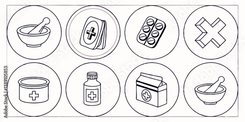 Black and White Line Art Medical Pharmacy Icons Set Mortar Pestle Pills Medicine Bottle Ointment First Aid Book Cross Graphic