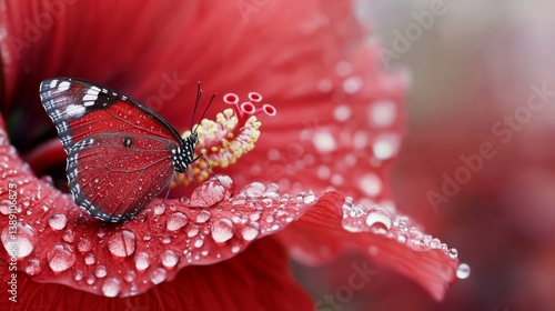 Vibrant Butterfly on Red Hibiscus Petal with Morning Dew Drops