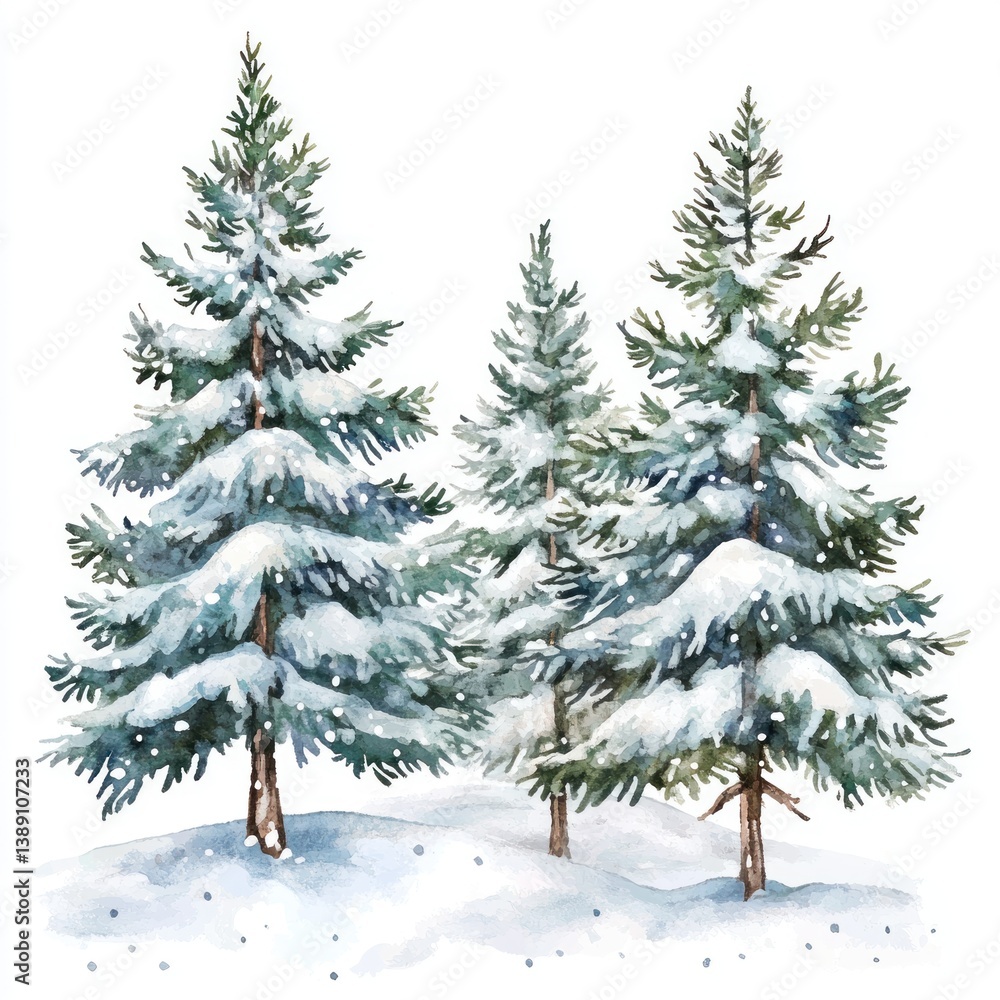 Obraz premium Watercolor painting of snowy evergreen trees in winter landscape